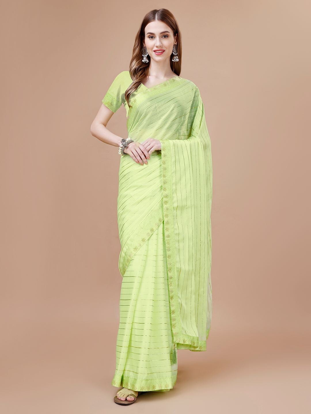 

Indian Women Striped Embellished Saree, Green