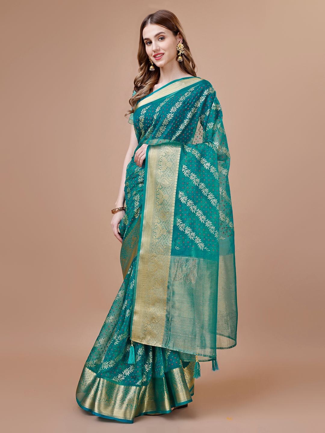 

Indian Women Floral Woven Design Zari Organza Saree, Teal