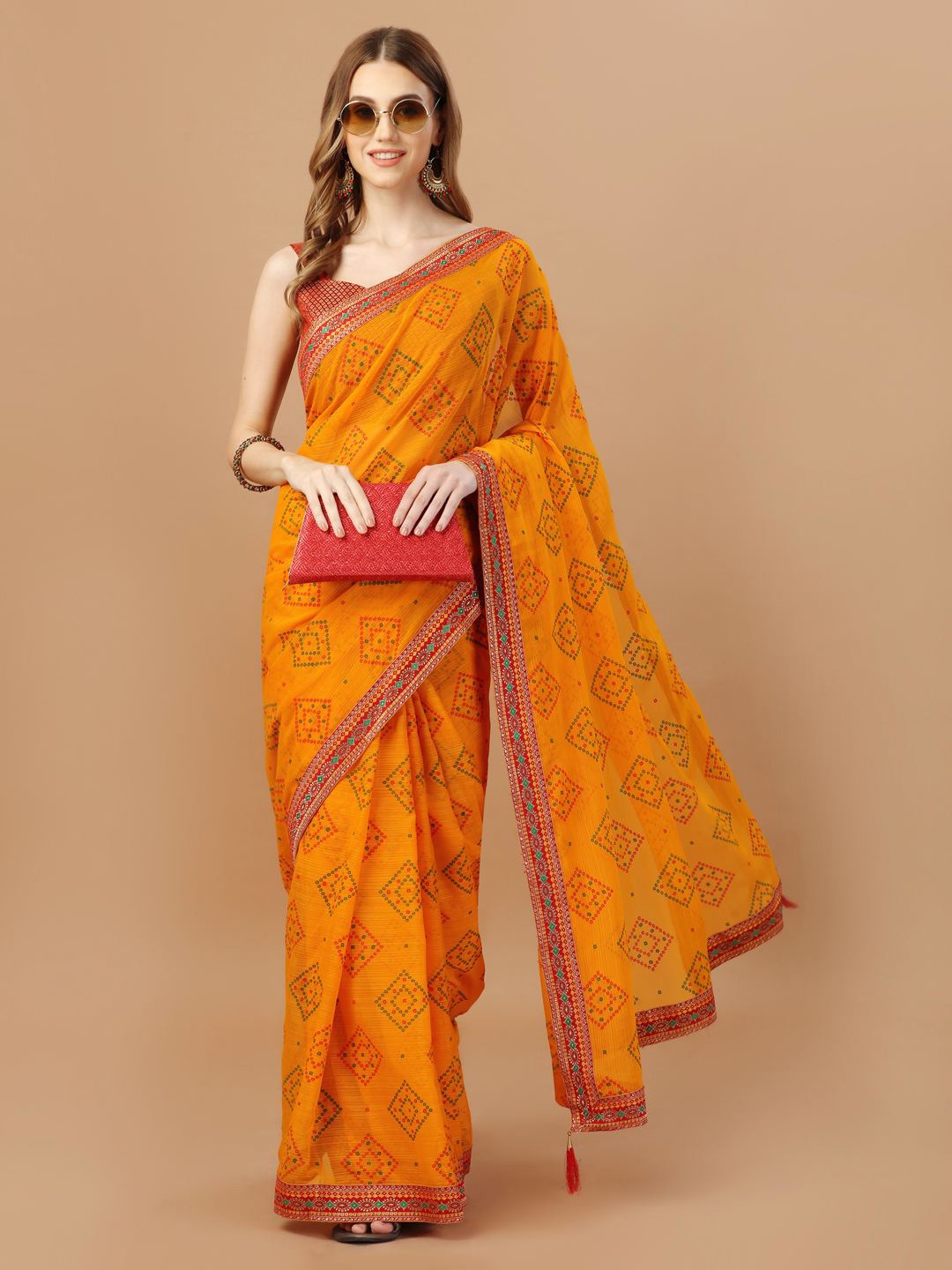

Indian Women Bandhani Printed Zari Saree, Yellow