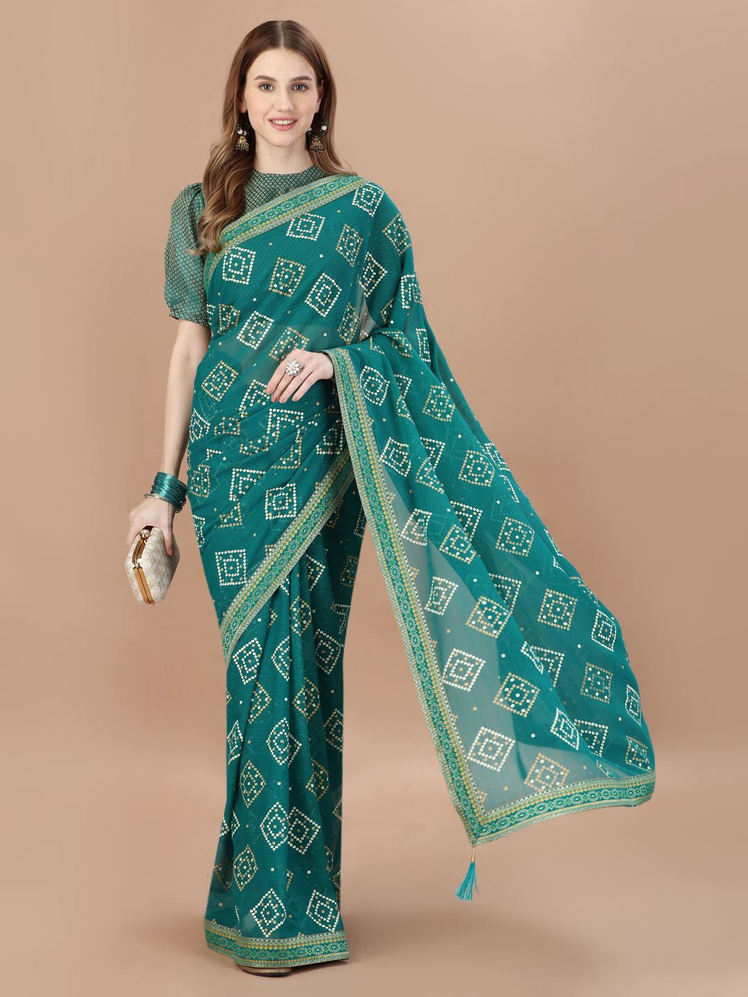 

Indian Women Bandhani Printed Silk Cotton Saree, Teal