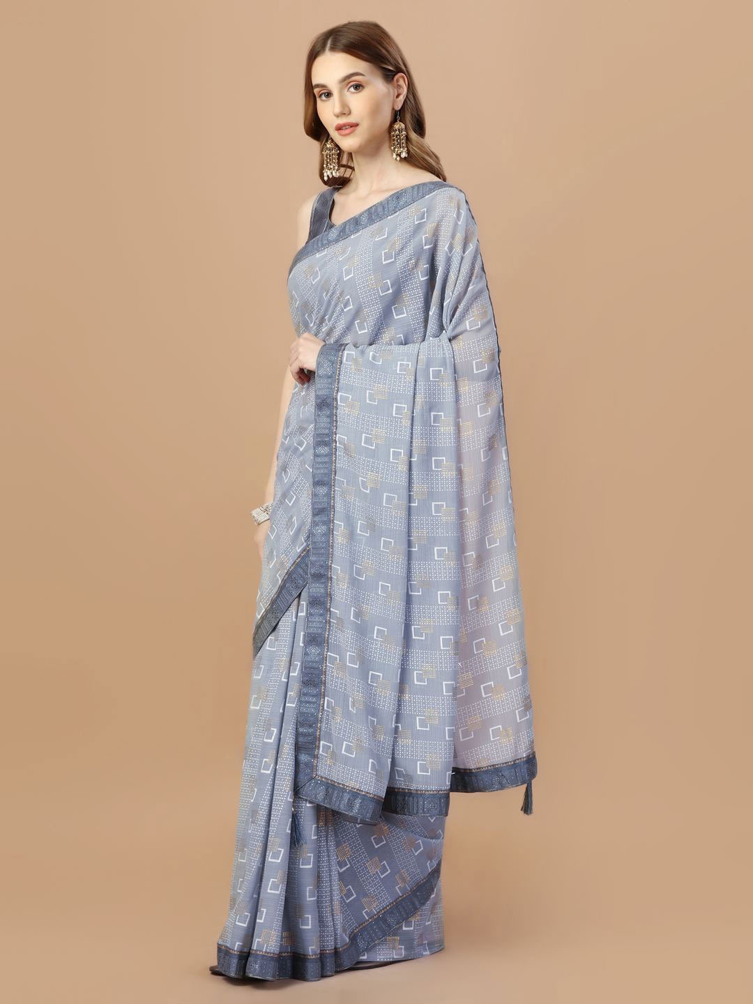 

Indian Women Geometric Embellished Zari Saree, Grey