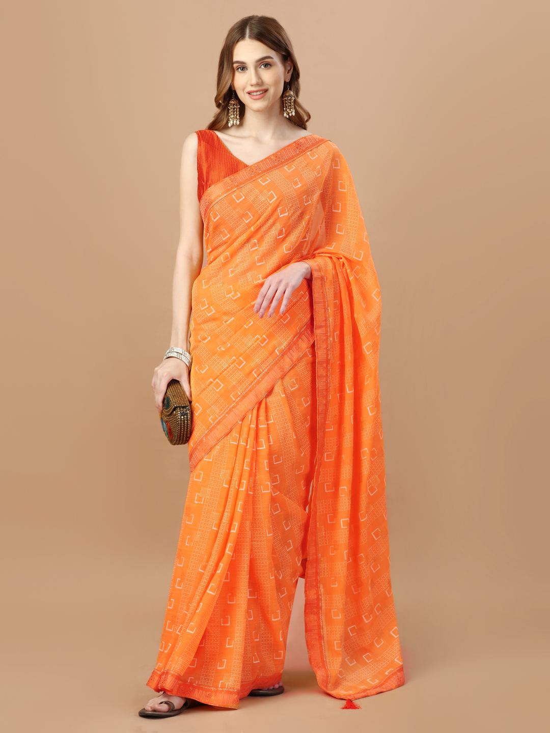 

Indian Women Geometric Printed Silk Cotton Saree, Orange