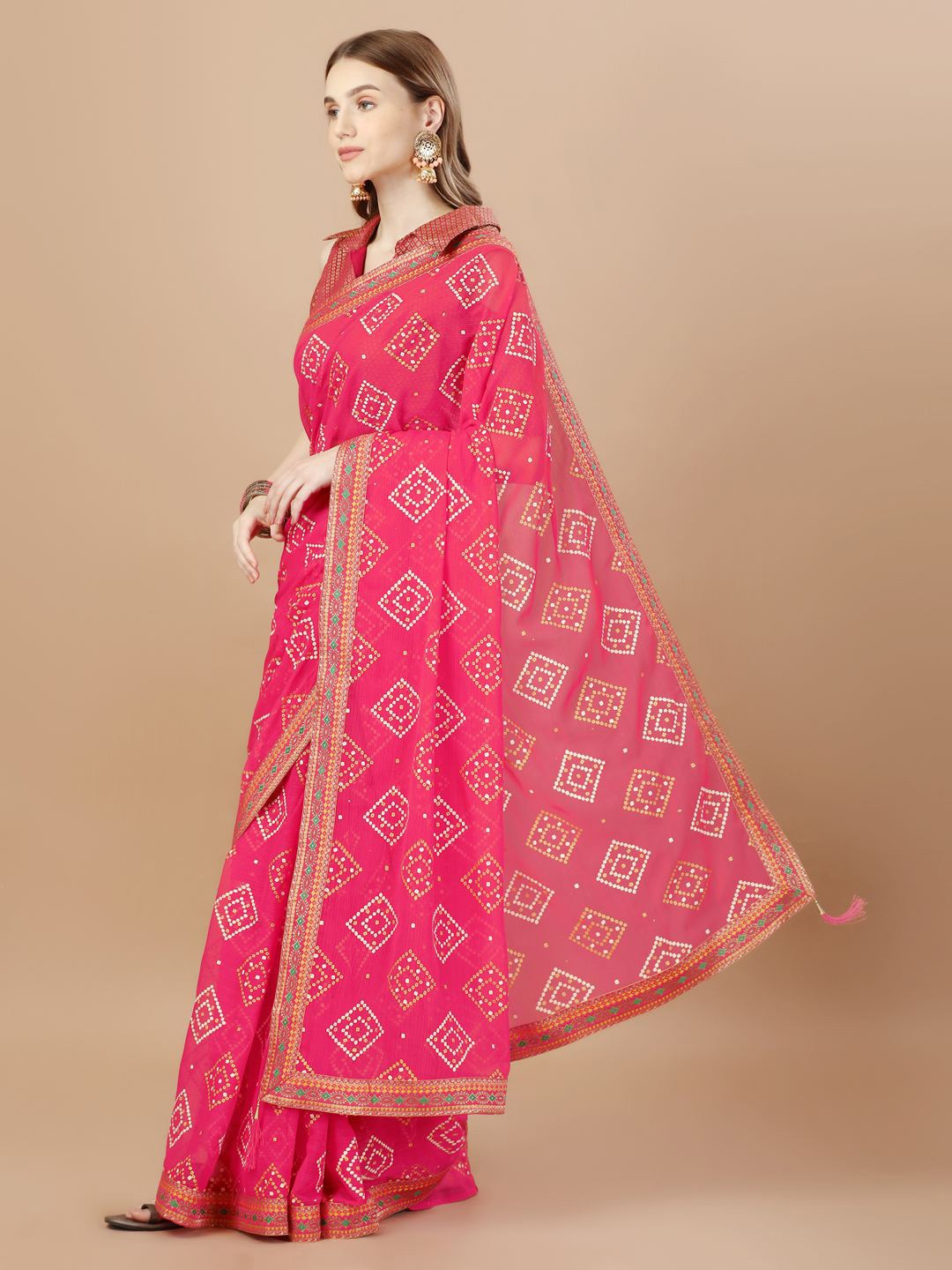 

Indian Women Bandhani Printed Zari Silk Cotton Saree, Pink