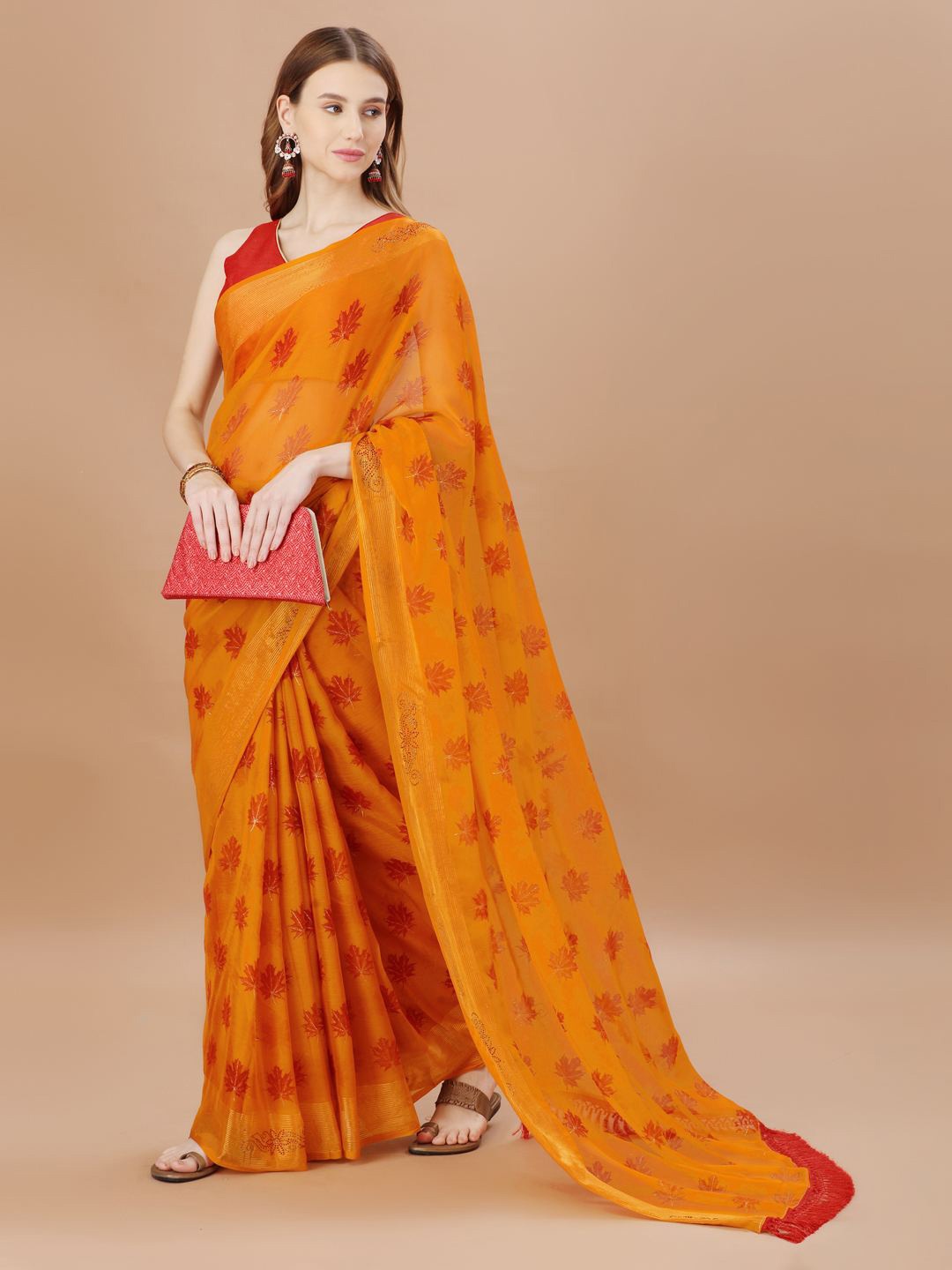 

Indian Women Floral Printed Pure Chiffon Saree, Yellow