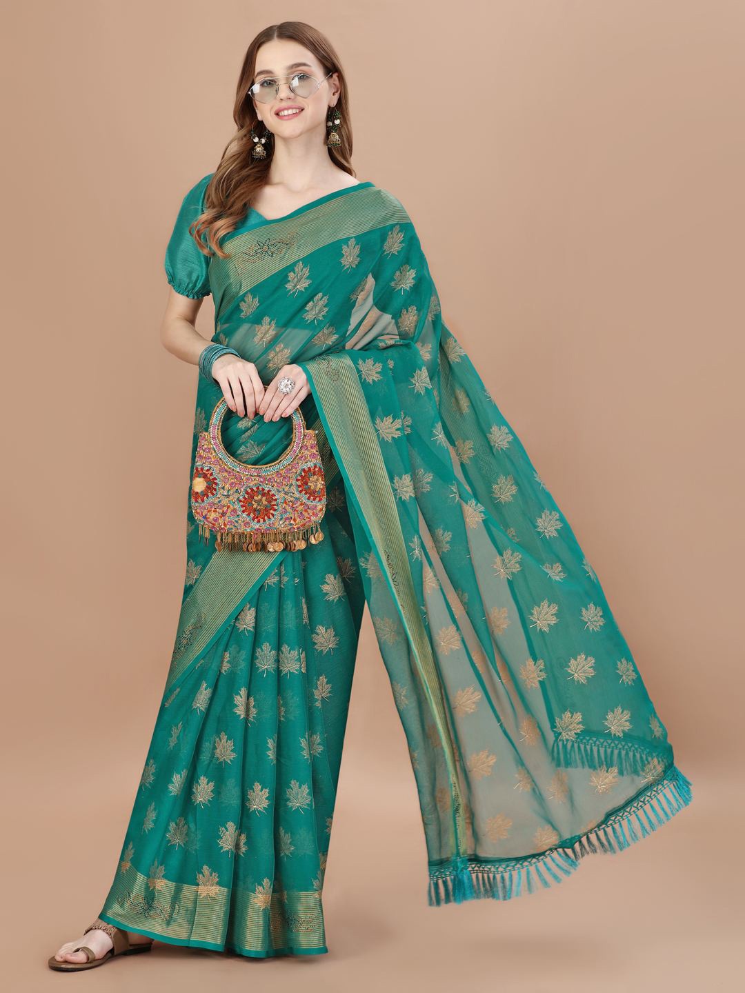 

Indian Women Floral Printed Beads and Stones Pure Chiffon Saree, Green