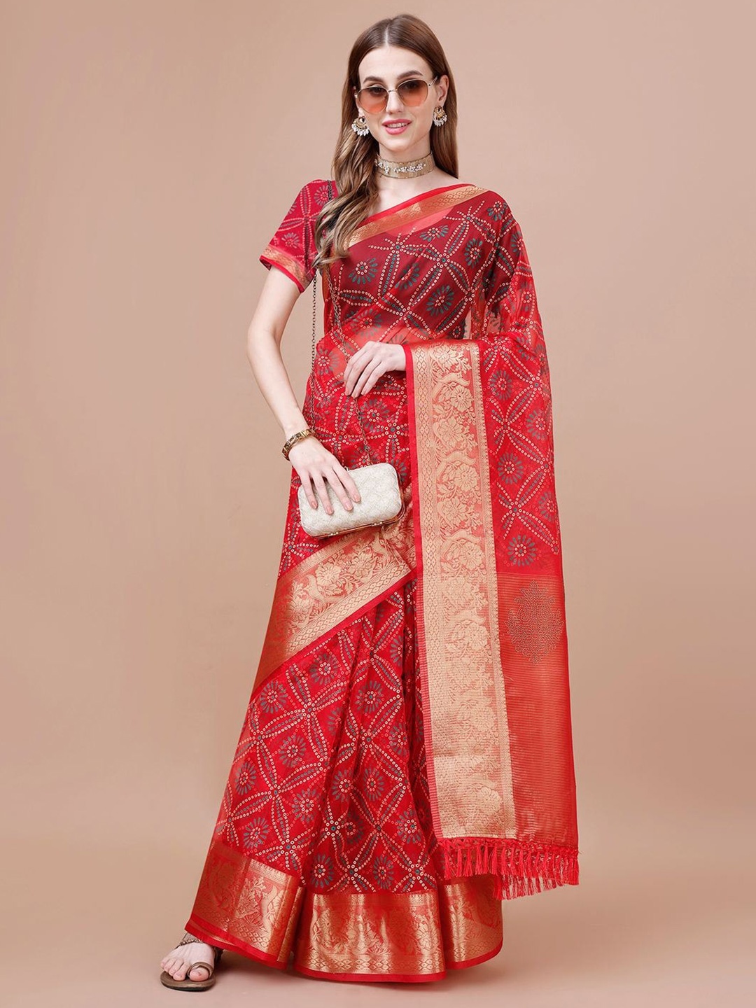 

Indian Women Bandhani Printed Embellished Saree, Red