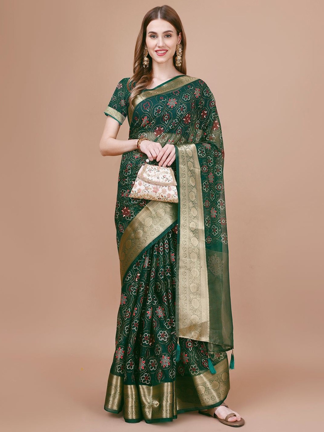 

Indian Women Bandhani Printed Embellished Saree, Green