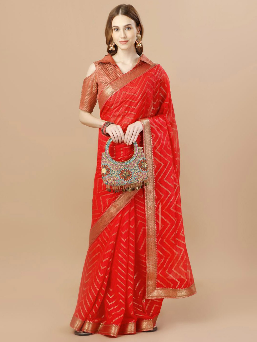 

Indian Women Leheriya Printed Zari Foil Print Saree, Orange