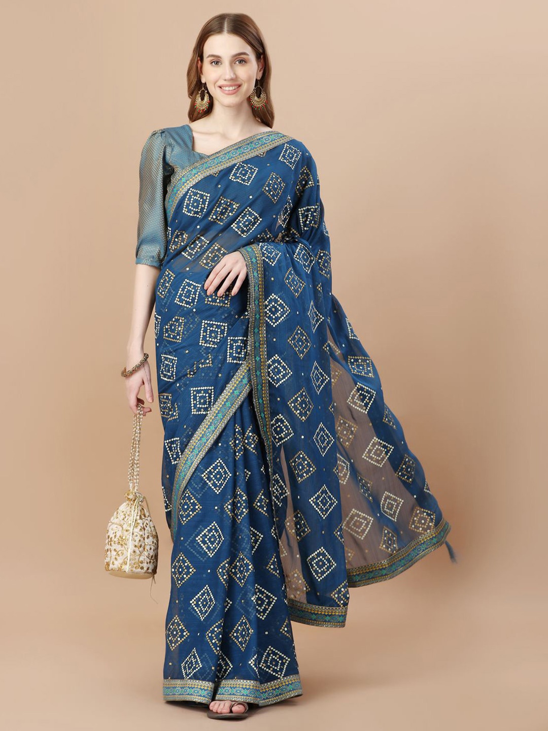 

Indian Women Bandhani Printed Silk Cotton Saree, Teal