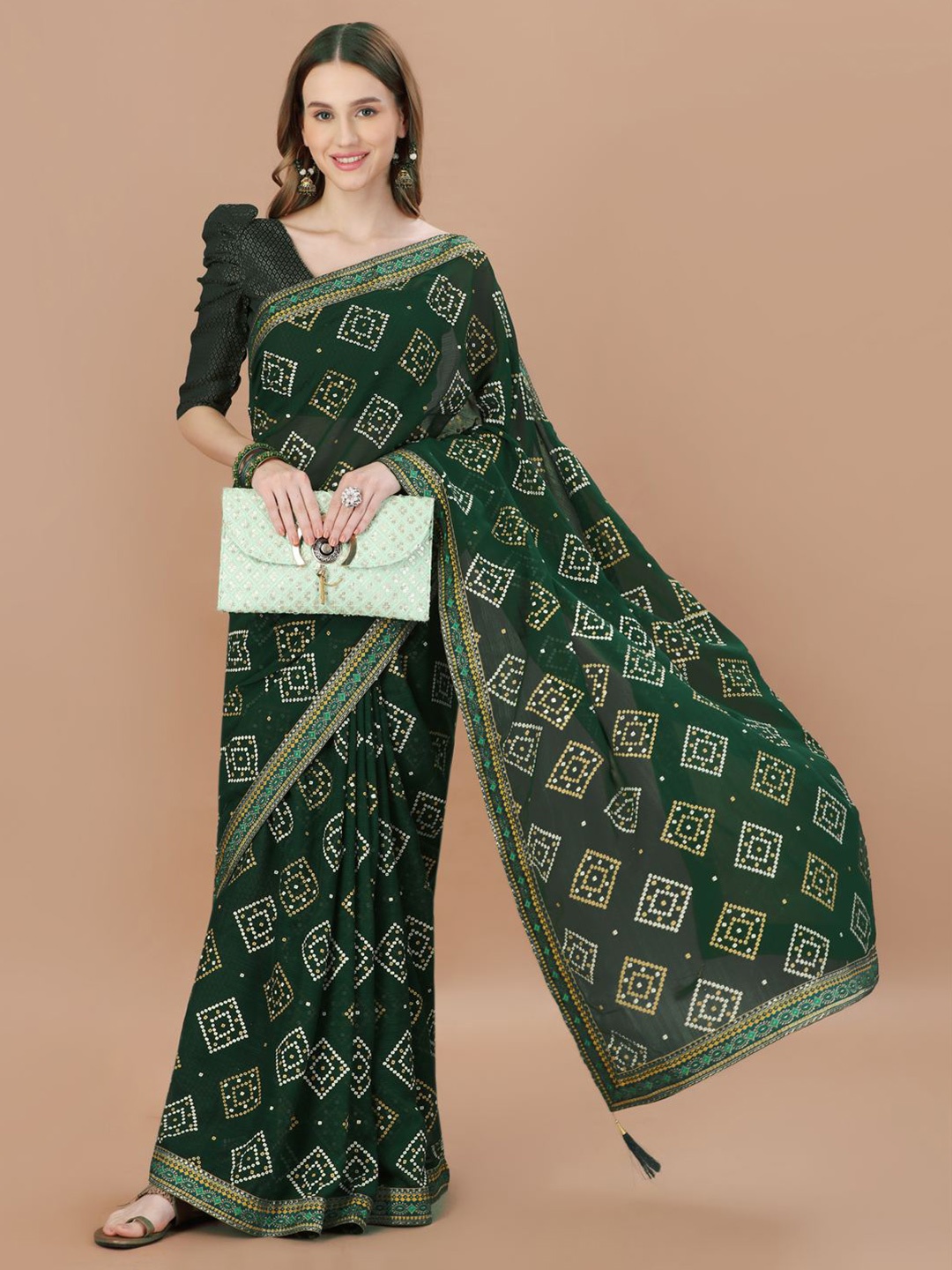 

Indian Women Bandhani Printed Silk Cotton Saree, Green