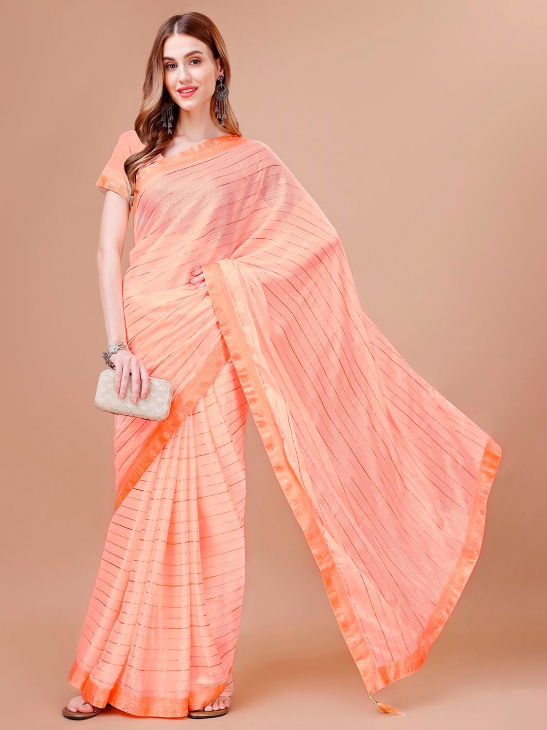 

Indian Women Striped Silk Cotton Saree, Orange