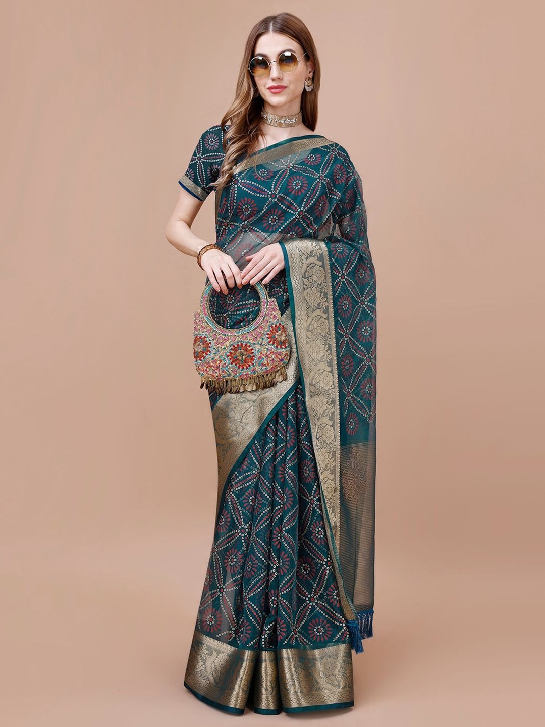 

Indian Women Floral Printed Organza Saree, Blue