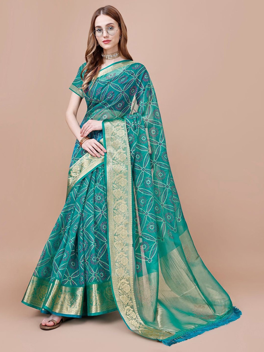 

Indian Women Floral Printed Organza Saree, Teal