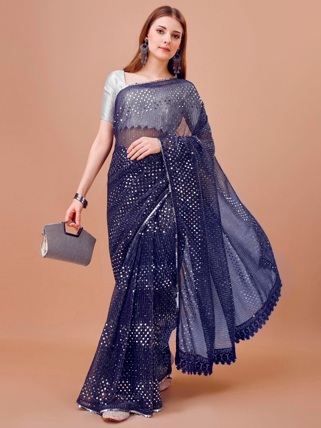 

Indian Women Sequin Embellished Saree, Navy blue