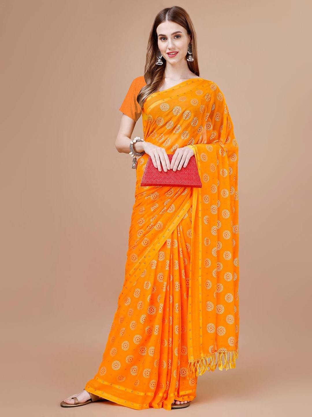 

Indian Women Bandhani Foil Printed Silk Cotton Saree, Yellow