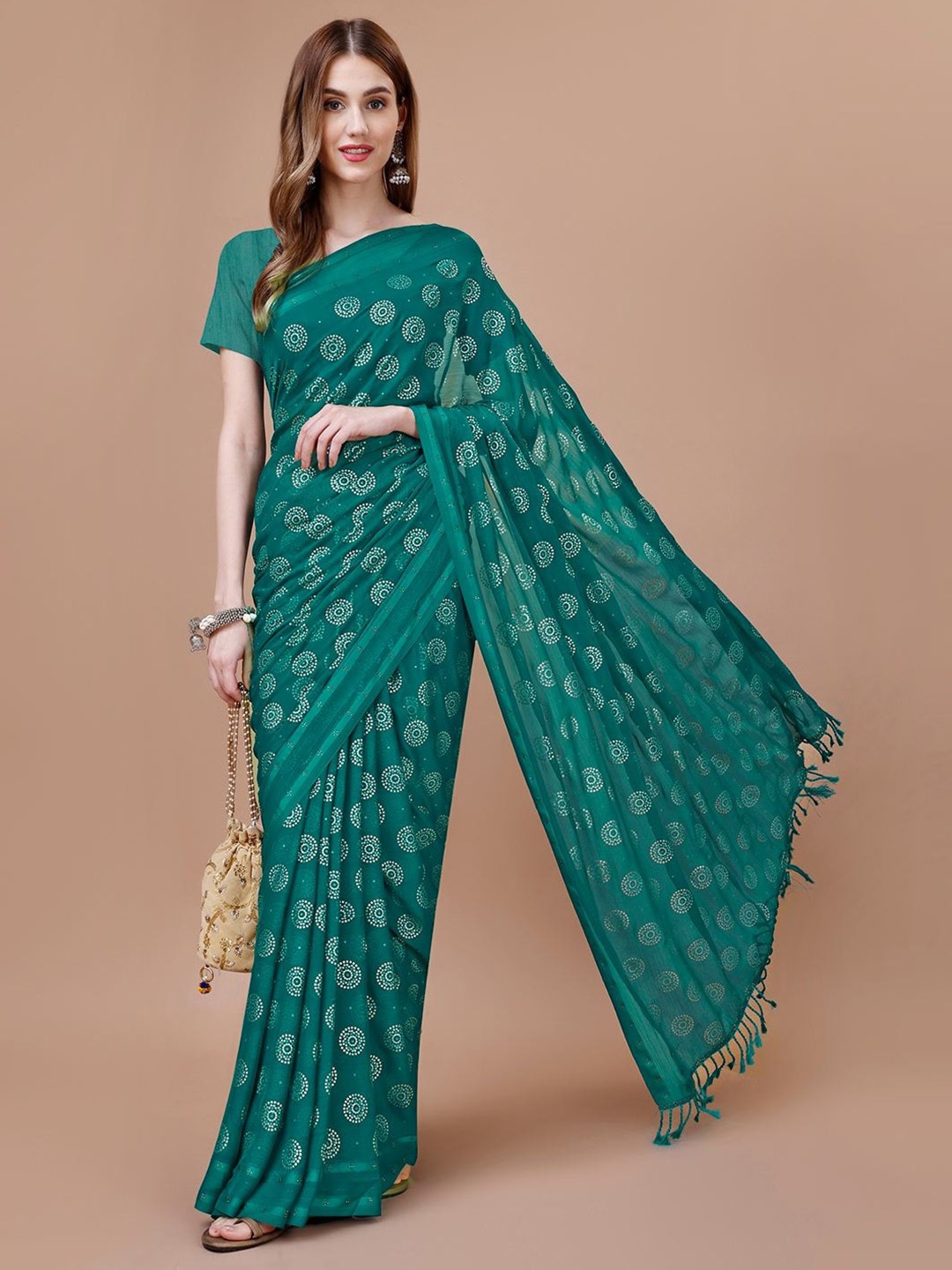 

Indian Women Ethnic Motifs Printed Silk Cotton Saree, Teal