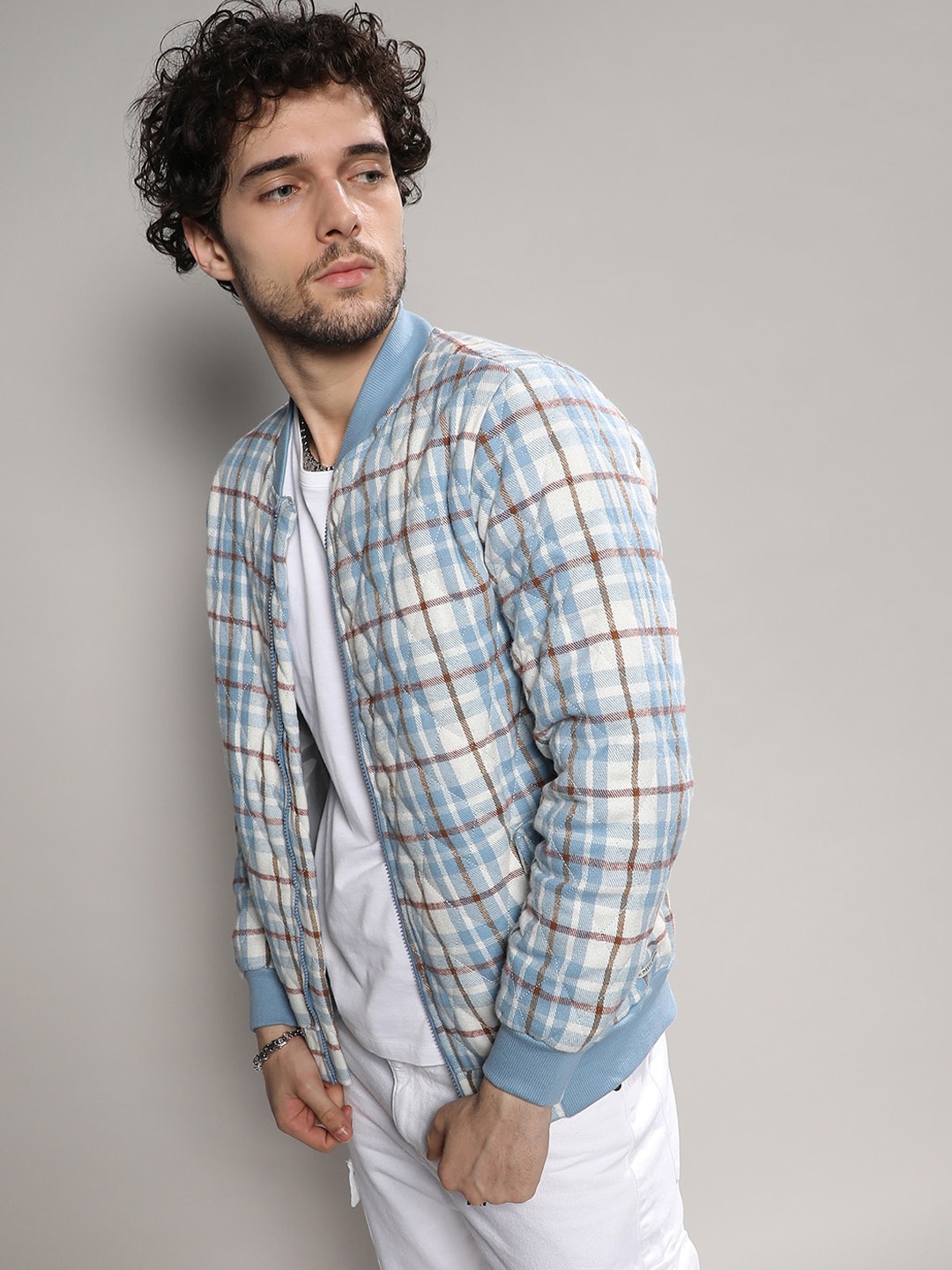 

Campus SutraBlue Checked Windcheater Bomber Jacket, Blue