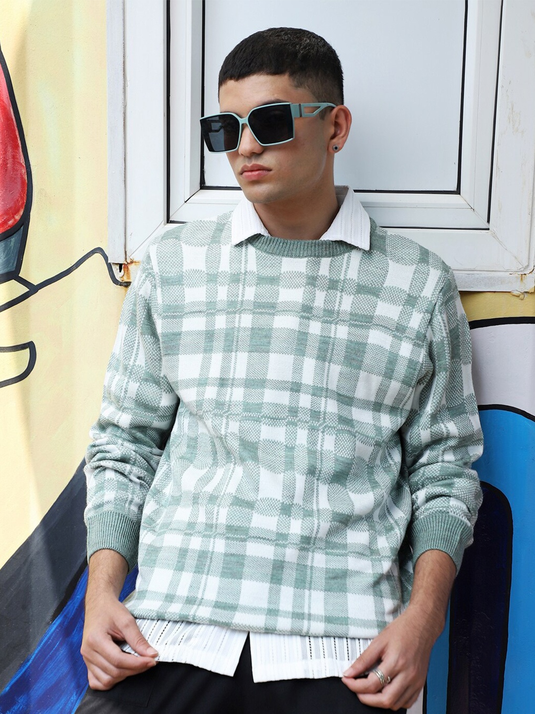 

Campus Sutra Checked Woollen Pullover Sweater, Sea green
