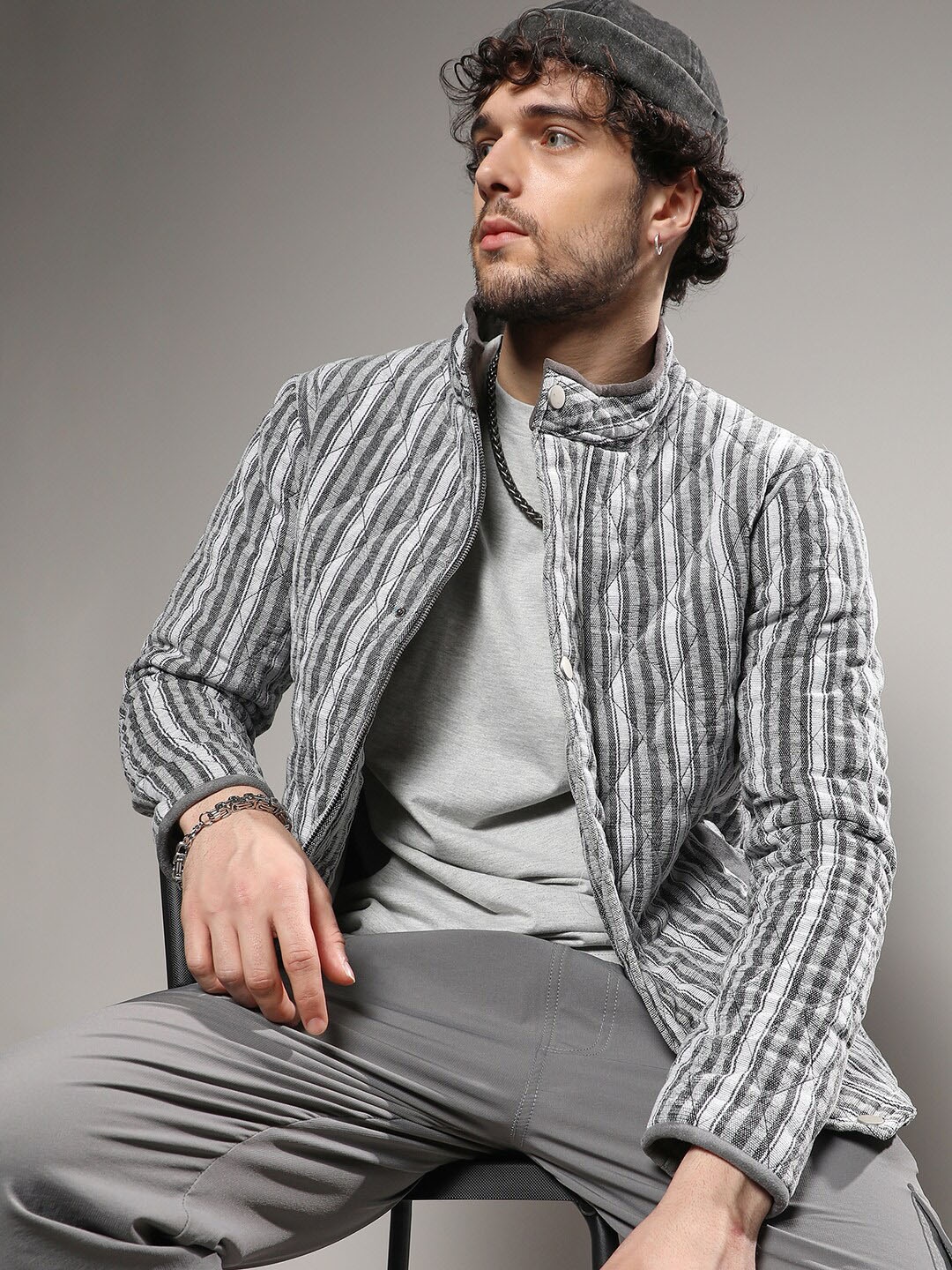 

Campus Sutra Striped Windcheater Outdoor Bomber Jacket, Grey