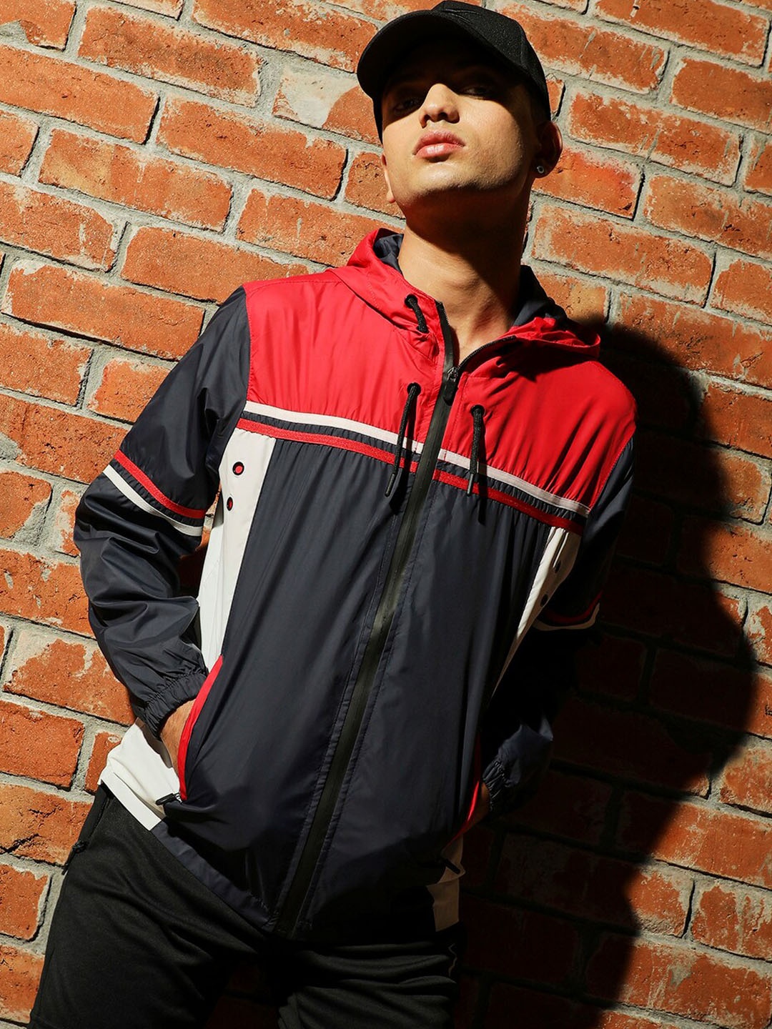 

Campus Sutra Navy Blue Colourblocked Windcheater Bomber Jacket