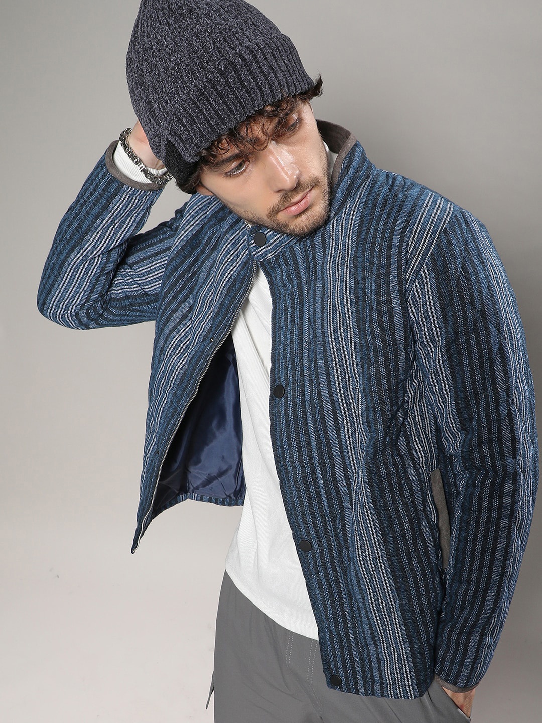 

Campus Sutra Striped Windcheater Cotton Tailored Jacket, Black
