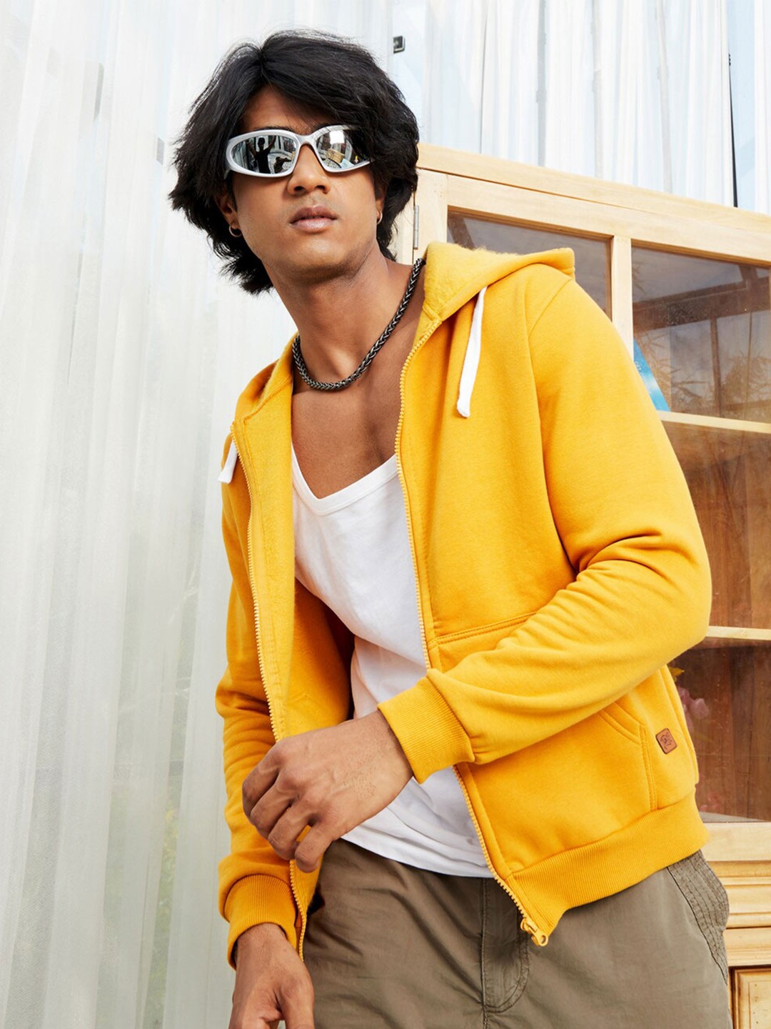 

Campus Sutra Hooded Cotton Sweatshirt, Mustard