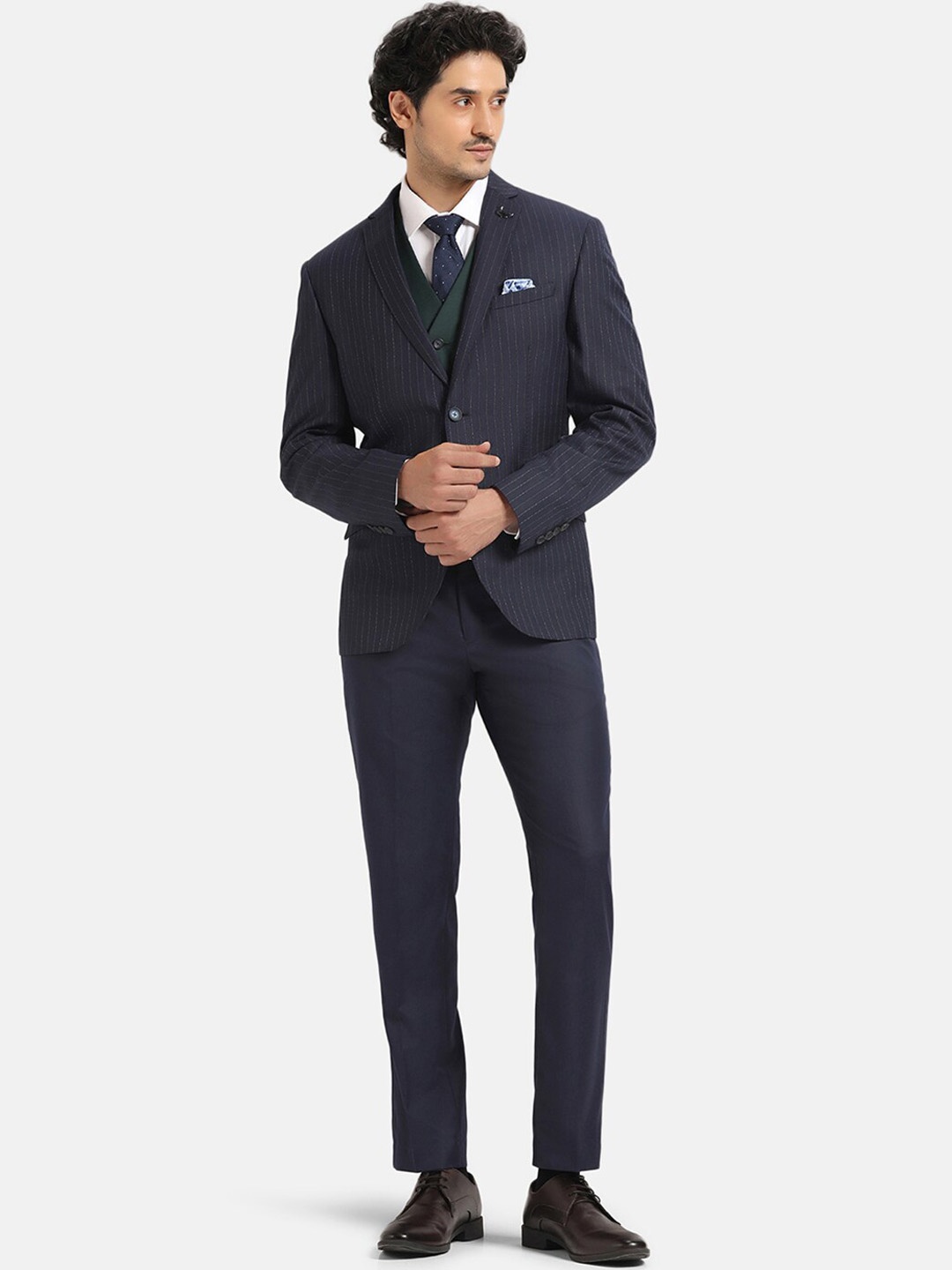 

Blackberrys Striped Slim-Fit Single-Breasted Three-Piece Formal Suit, Navy blue