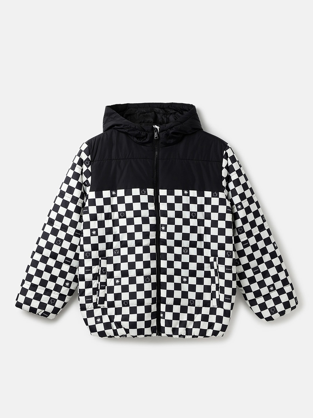 

United Colors of Benetton Boys Checked Hooded Long Sleeves Tailored Jacket, Black