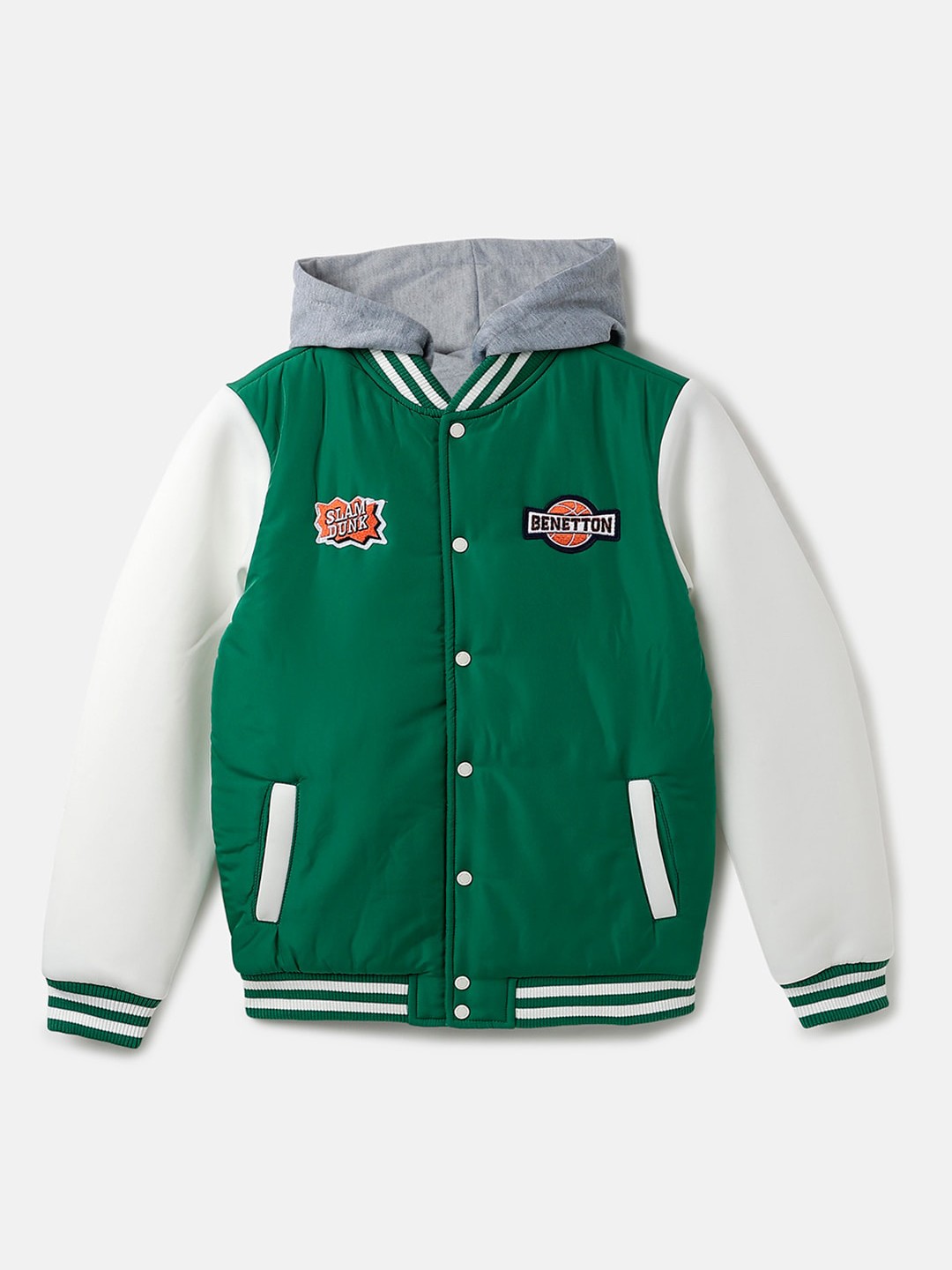 

United Colors of Benetton Boys Typography Printed Hooded Varsity Jacket, Green