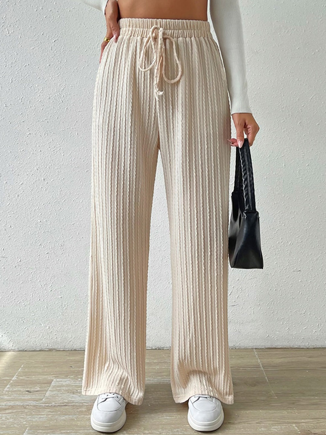 

StyleCast Women Striped Loose Fit Easy Wash Parallel Trousers, Beige