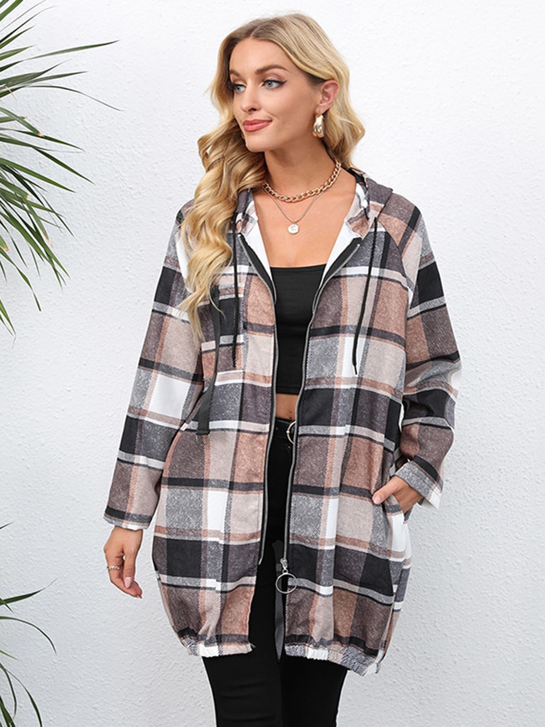 

StyleCast Coffee Brown Checked Hooded Overcoat