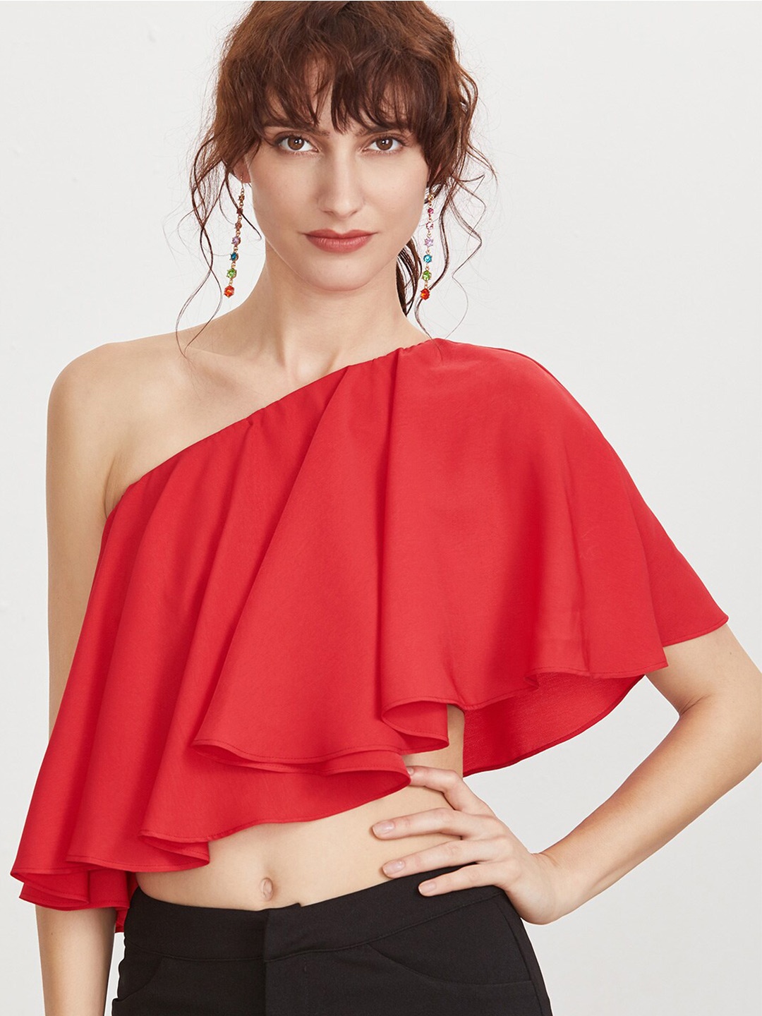 

Dracht Red One Shoulder Crepe Crop Cape Top