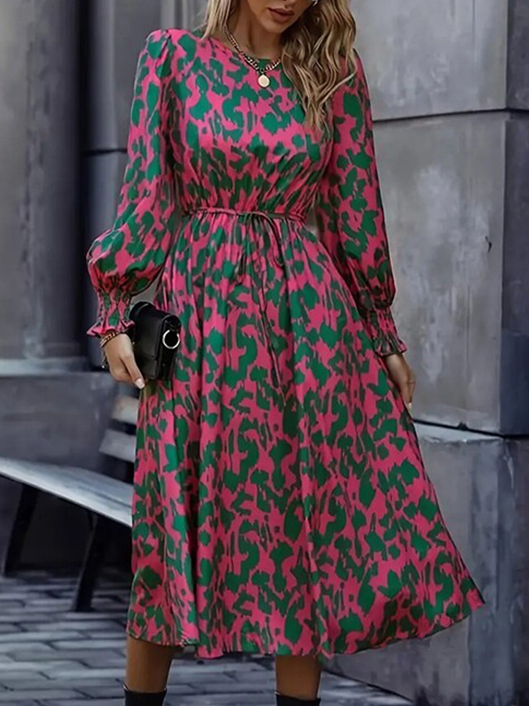 

StyleCast Pink Abstract Print Cuffed Sleeves Fit & Flare Midi Dress