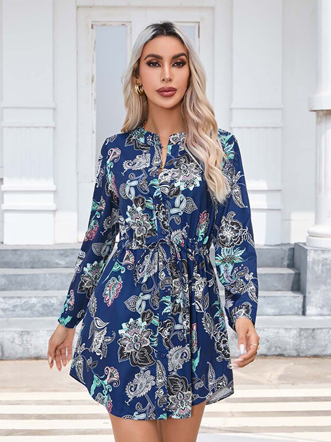 

StyleCast Navy Blue & blueprint Floral Print A-Line Dress
