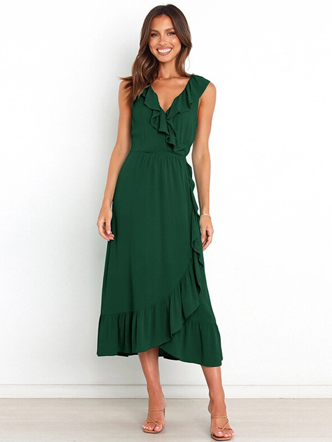 

StyleCast Green V-Neck Ruffled Midi Polyester Dress