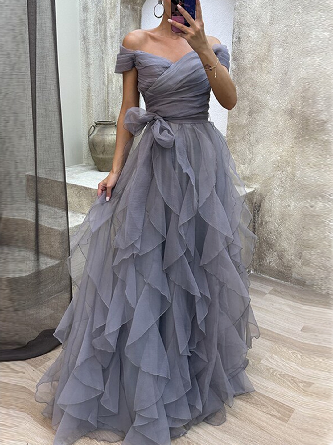 

StyleCast Grey & purple sage Off-Shoulder Ruffled Maxi Dress