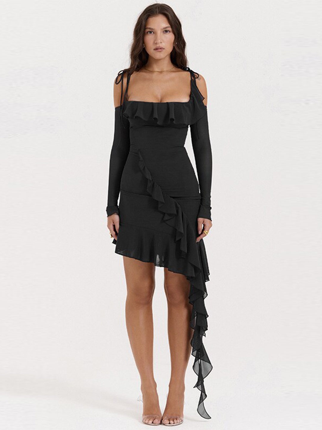 

StyleCast Black Cold-Shoulder Ruffled Sheath Dress