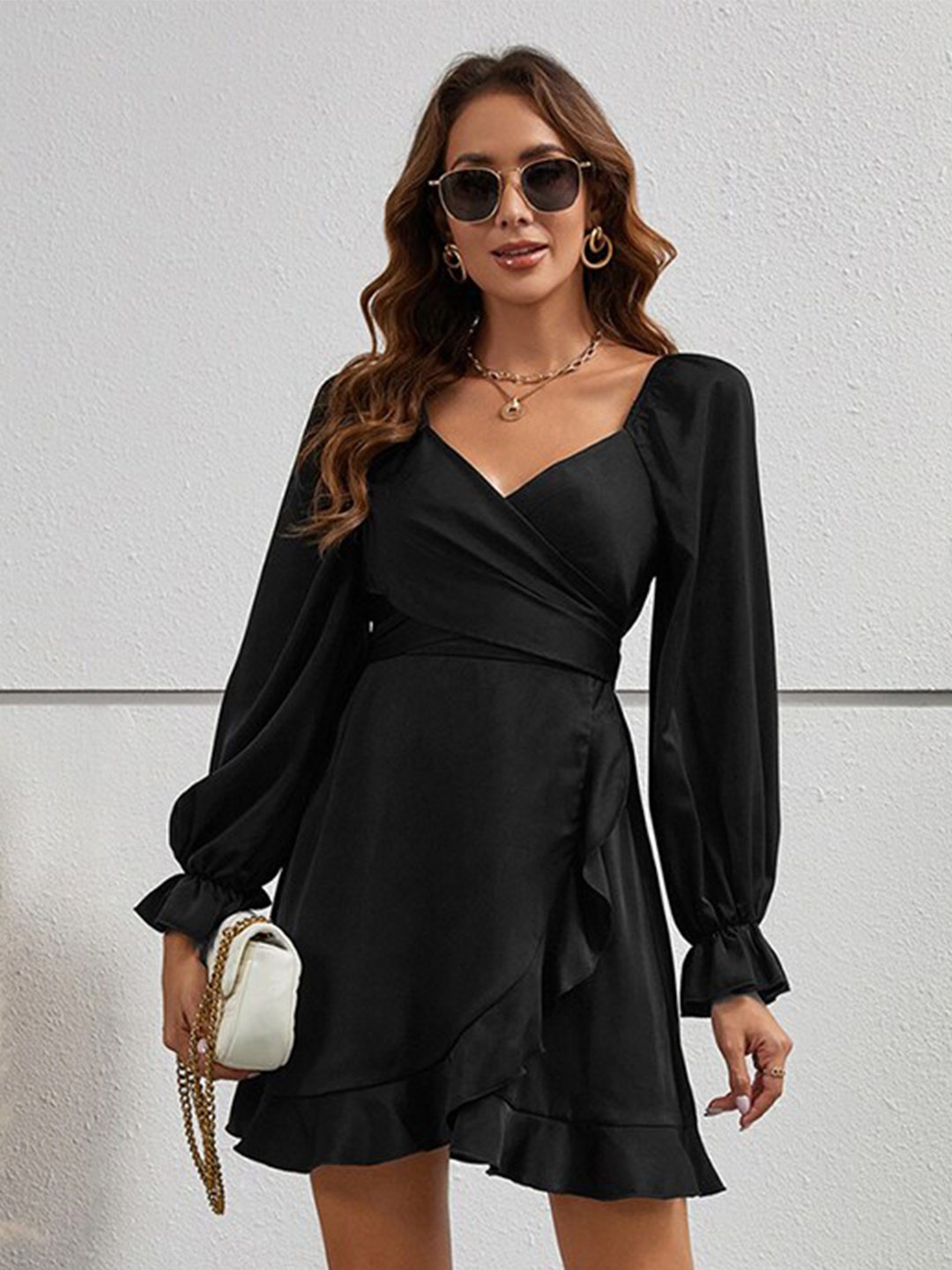 

StyleCast Black Sweetheart Neck Bell Sleeves Ruffled Wrap Mini Dress