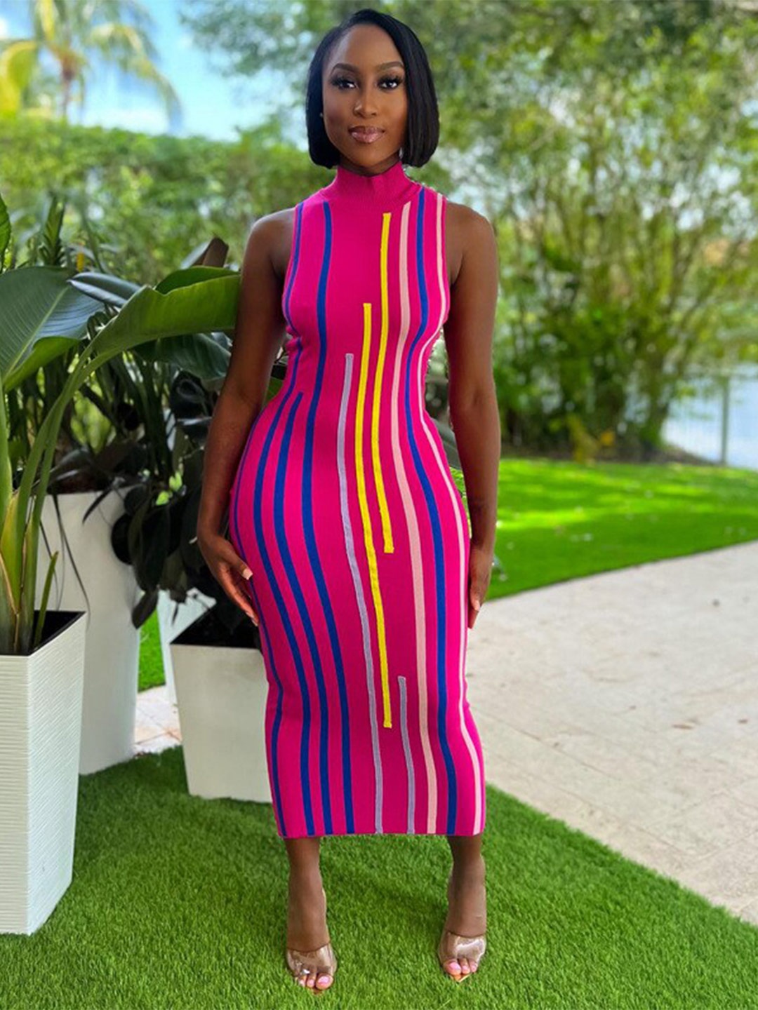 

StyleCast Pink Striped High Neck Bodycon Midi Dress