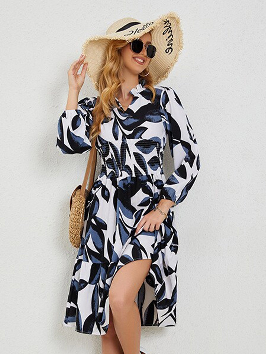 

StyleCast White Abstract Printed Mandarin Collar Puff Sleeve Fit & Flare Midi Dress