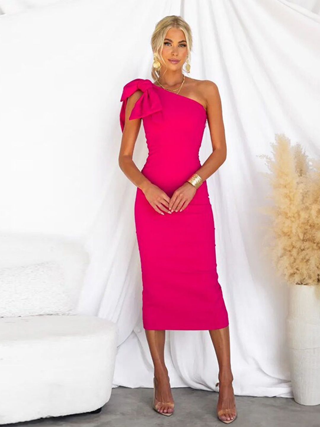 

StyleCast Fuchsia One Shoulder Bow Bodycon Midi Dress