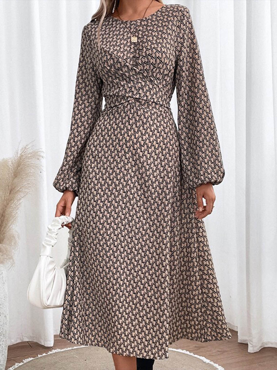 

StyleCast Khaki Abstract Printed Puff Sleeves A-Line Midi Dress