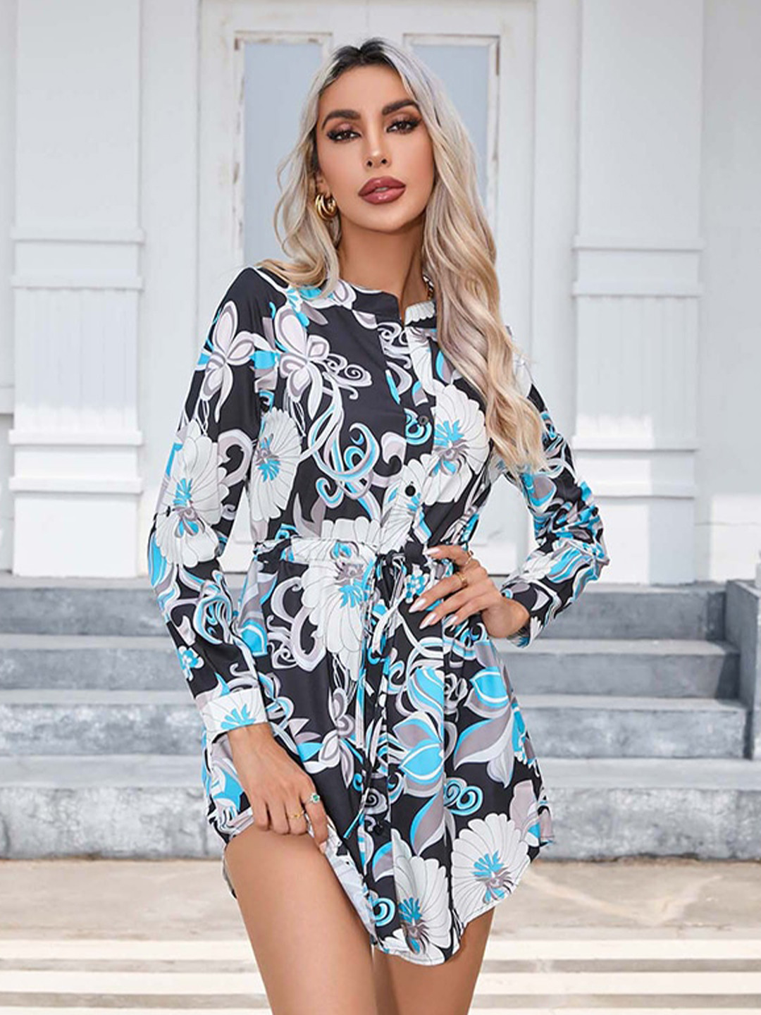 

StyleCast White Floral Printed Tie-Up Shirt Style Mini Dress