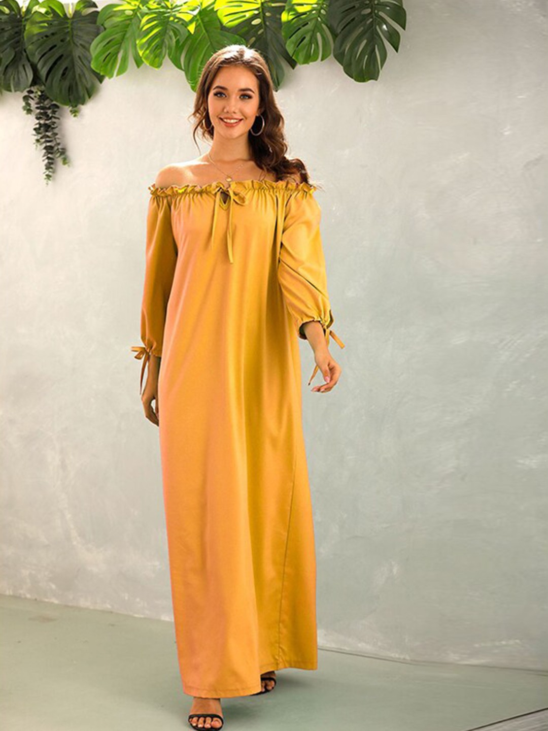 

StyleCast Yellow & neon carrot Off-Shoulder Puff Sleeve Maxi Dress