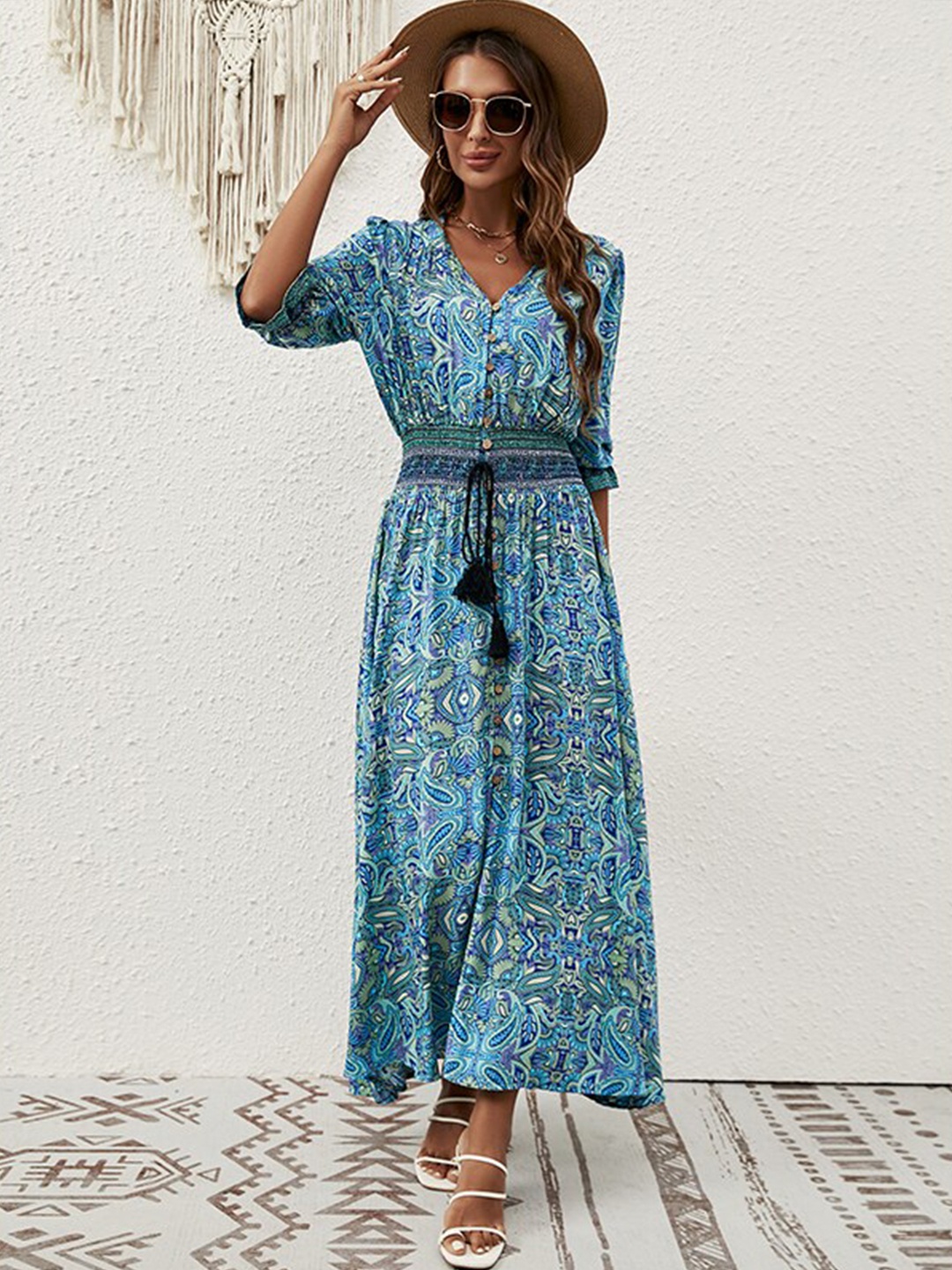 

StyleCast Blue Paisley Ethnic Motifs Printed Cuffed Sleeves Smocked A-Line Midi Dress