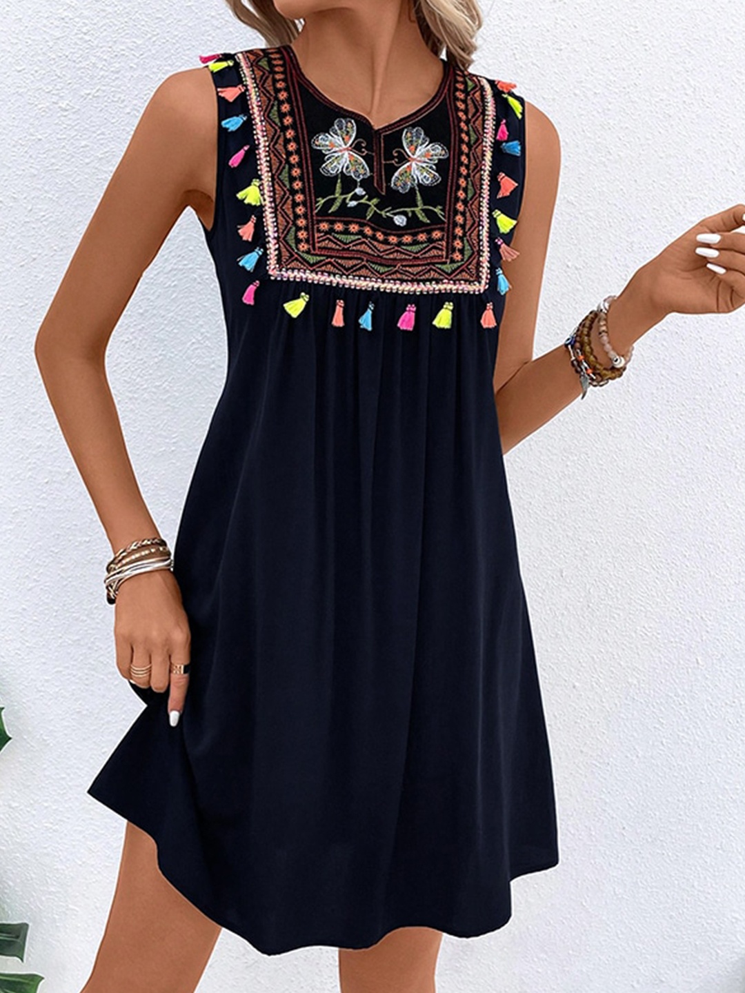 

StyleCast Navy Blue Ethnic Motifs Embroidered Gathered A-Line Dress