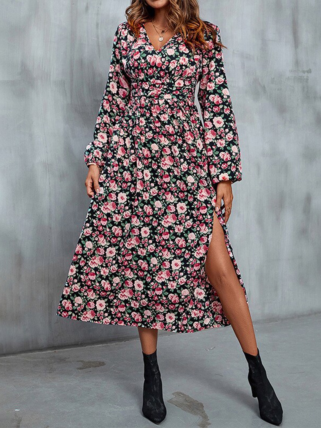 

StyleCast Black & Pink Floral Printed Cut-Outs A-Line Midi Dress