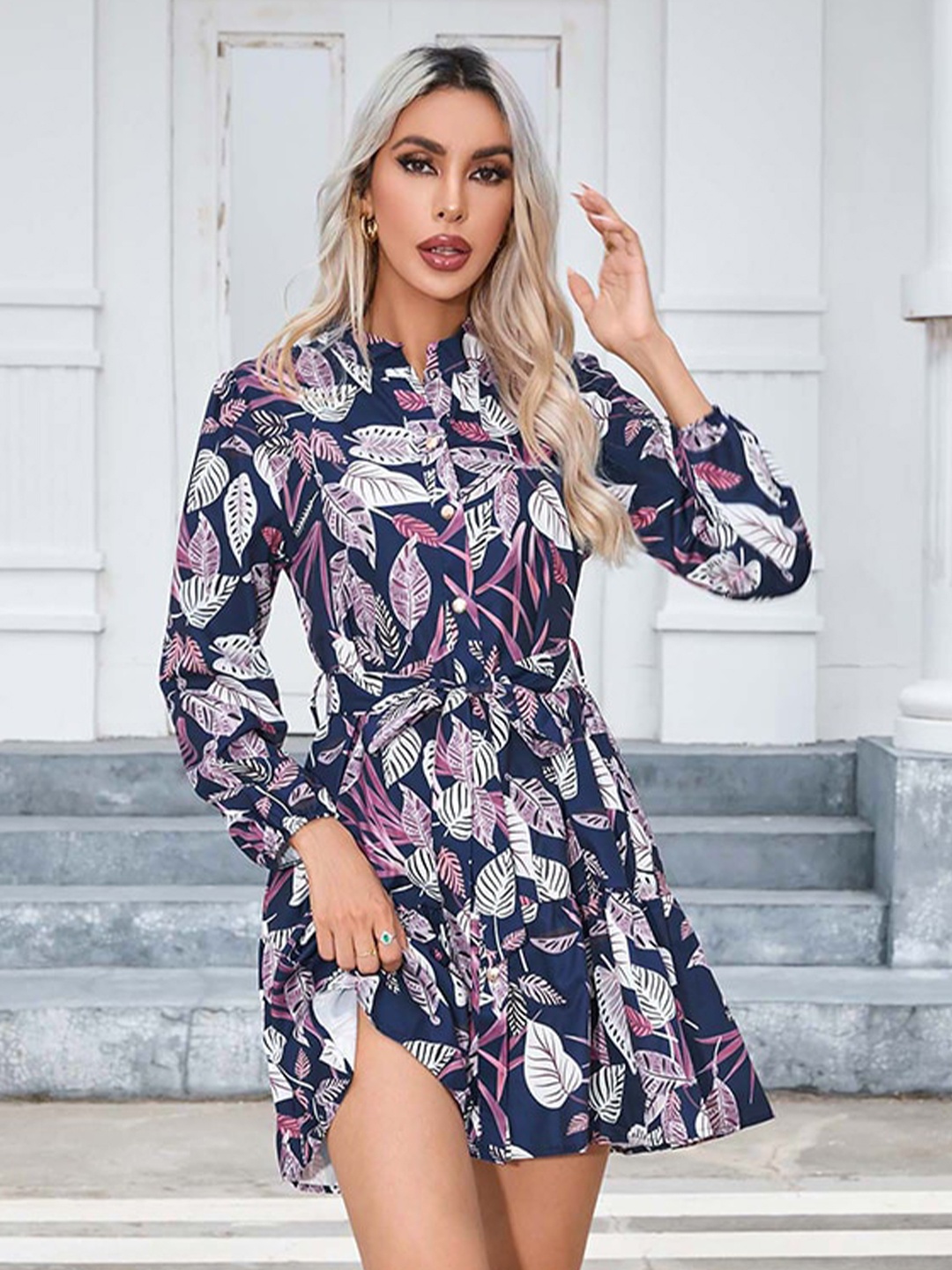 

StyleCast Blue & Pink Floral Printed Puff Sleeves Ruffled Fit & Flare Dress