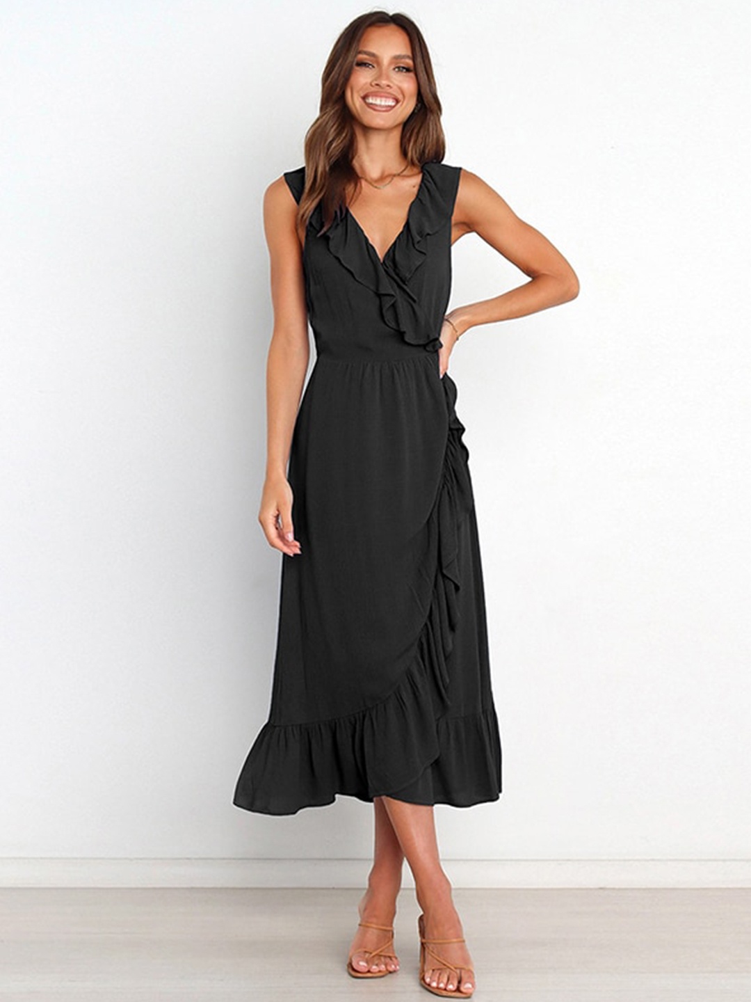 

StyleCast Black V-Neck Ruffled Wrap Midi Dress