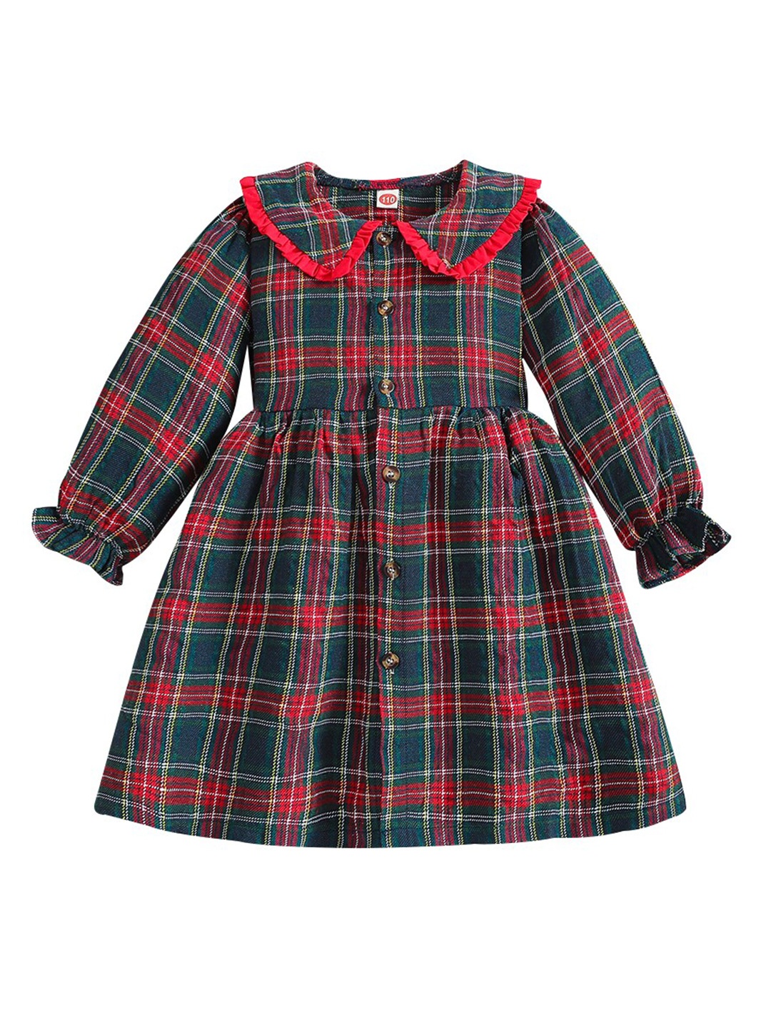 

StyleCast Girls Red Checked Peter Pan Collar Puff Sleeve Cotton Fit and Flare Midi Dress